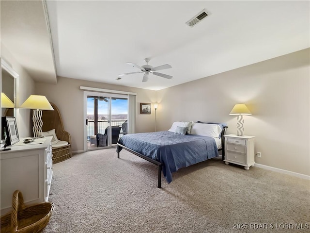 bedroom featuring carpet flooring, access to outside, and ceiling fan