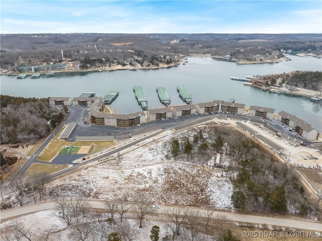 drone / aerial view with a water view