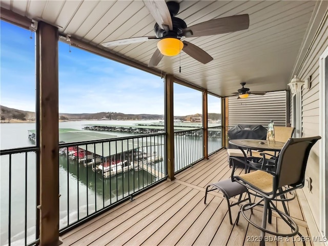 133 Cedar Glen Ct Unit 3D, Camdenton, MO 65020 - deck with a water view, ceiling fan, and grilling area