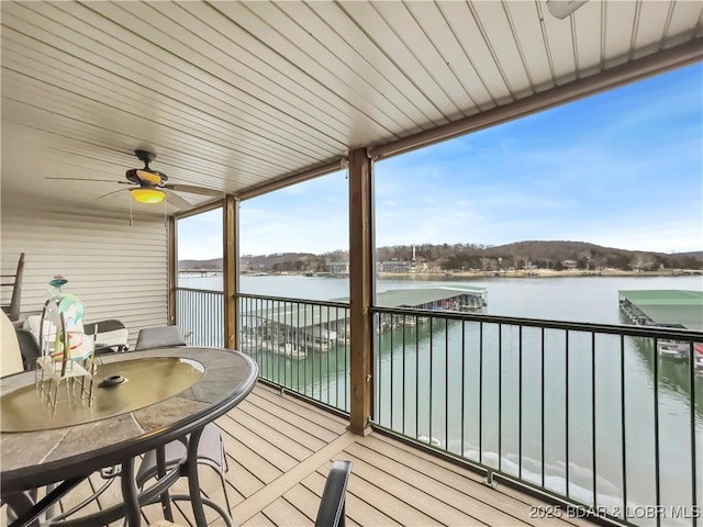 wooden terrace featuring a water view and ceiling fan