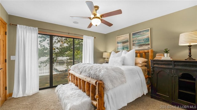 bedroom with ceiling fan, access to outside, and light colored carpet