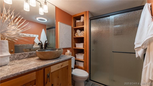 bathroom featuring toilet, vanity, and walk in shower