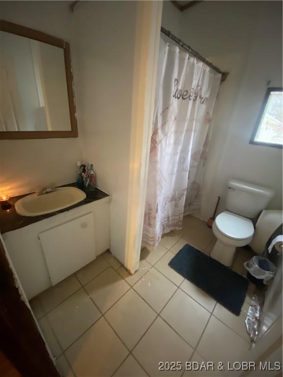 23417 Hwy Tt, Versailles, MO 65084 - full bath featuring toilet, vanity, tile patterned floors, and a shower with curtain