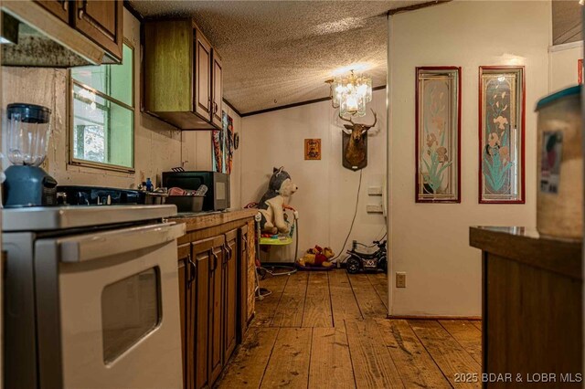 23417 Hwy Tt, Versailles, MO 65084 - kitchen with dark wood-style flooring, stainless steel range, a textured ceiling, a chandelier, and crown molding