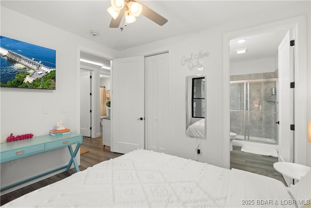 1065 Topsider Ln Unit 408, Osage Beach, MO 65065 - bedroom with wood finished floors, a closet, ensuite bath, and ceiling fan