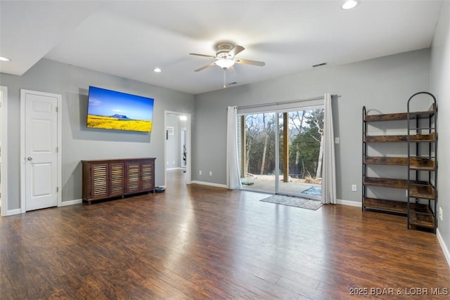 unfurnished living room featuring ceiling fan, baseboards, wood finished floors, and recessed lighting