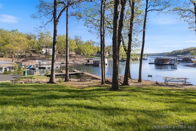 dock area with a water view and a lawn