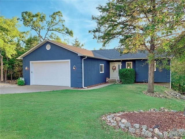 ranch-style home featuring a garage, driveway, a front yard, and stucco siding