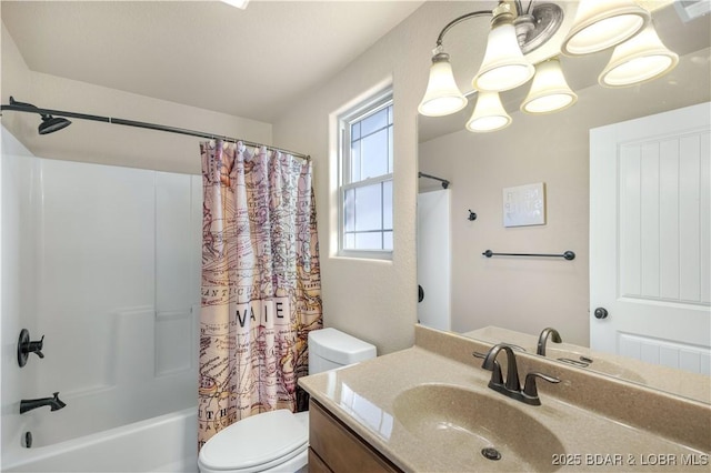 full bathroom with toilet, shower / bathtub combination with curtain, and vanity