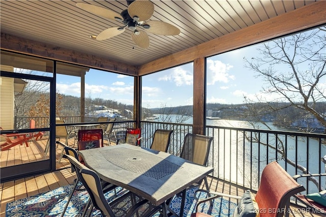 sunroom / solarium featuring a ceiling fan, wooden ceiling, and a water view