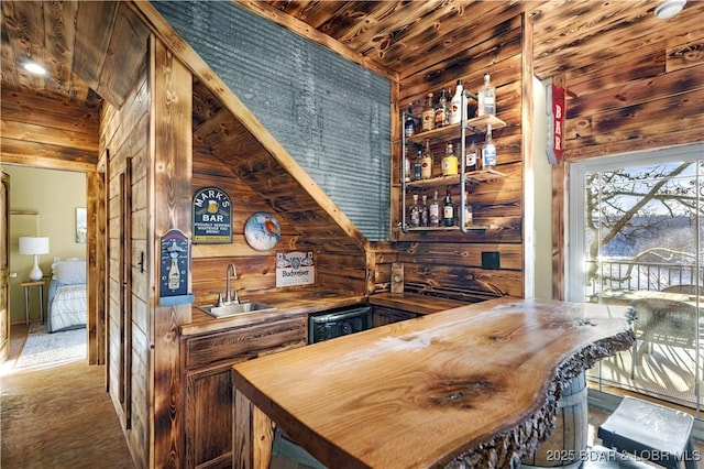 bar featuring indoor wet bar, a sink, wood ceiling, and wooden walls