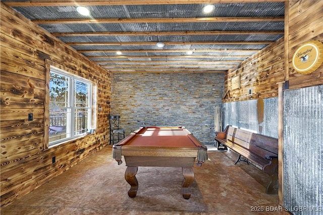 playroom featuring beamed ceiling and pool table