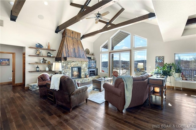 living area with a fireplace, wood finished floors, high vaulted ceiling, beamed ceiling, and baseboards