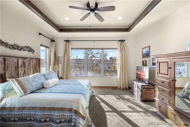 175 Black Rock Rd, Camdenton, MO 65020 - bedroom featuring light carpet, a raised ceiling, and a ceiling fan