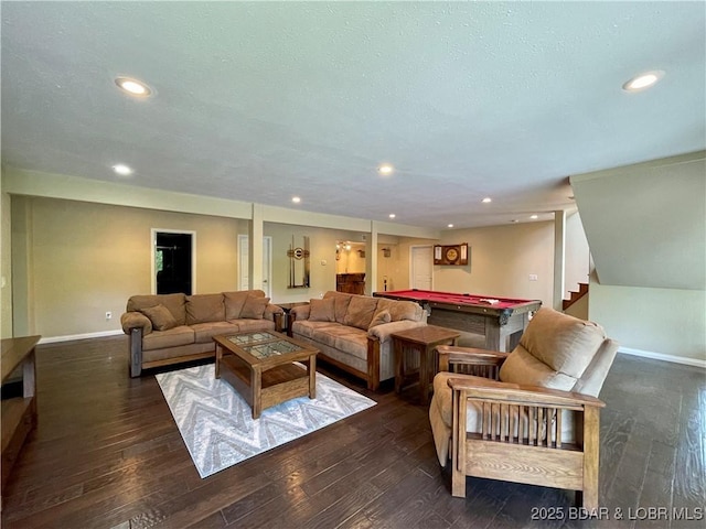 living area with billiards, baseboards, dark wood-type flooring, and recessed lighting