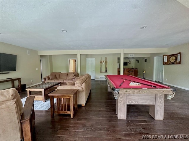 game room featuring a textured ceiling, dark wood-style flooring, billiards, visible vents, and baseboards