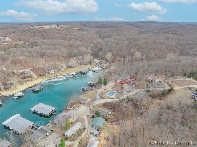 aerial view featuring a water view and a view of trees