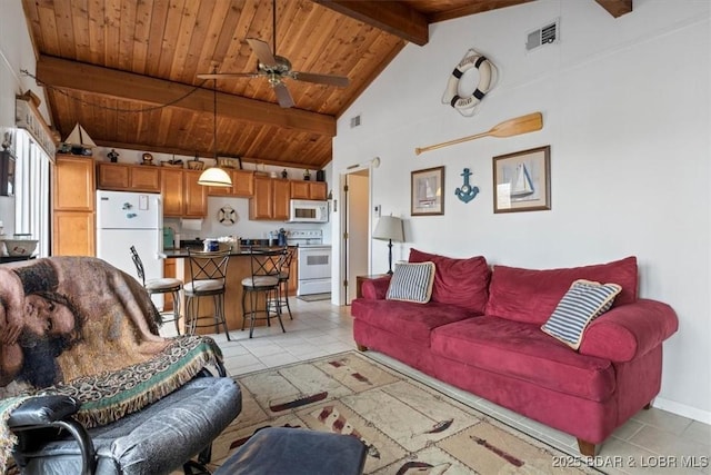 living room featuring light tile patterned floors, vaulted ceiling with beams, visible vents, wood ceiling, and a ceiling fan