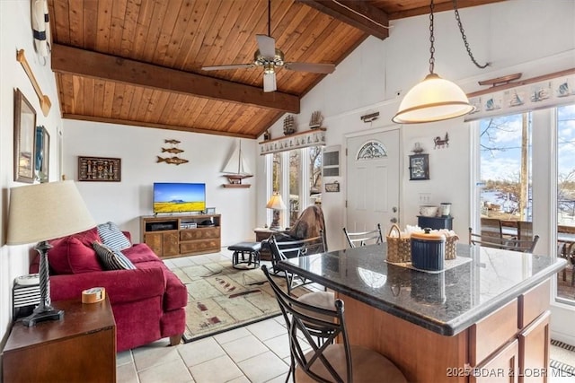 kitchen with vaulted ceiling with beams, wood ceiling, open floor plan, and a ceiling fan