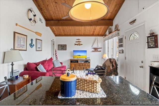 living room featuring lofted ceiling with beams, wooden ceiling, and visible vents