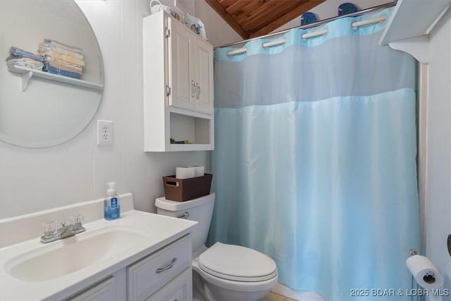 full bathroom featuring a shower with curtain, wooden ceiling, vanity, and toilet