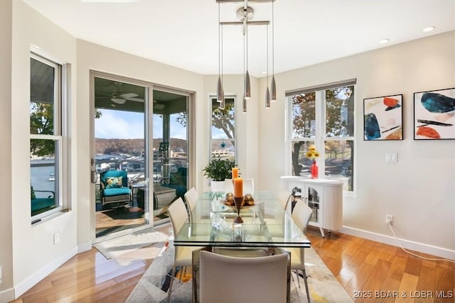 dining room featuring a healthy amount of sunlight, light wood-style floors, and baseboards