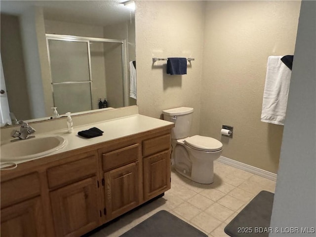 85 La Jolla Dr Unit 352-2A, Lake Ozark, MO 65049 - full bathroom with tile patterned flooring, a stall shower, toilet, vanity, and baseboards