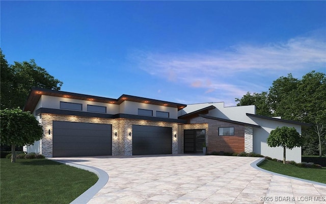 LOT10 Shootout Dr, Osage Beach, MO 65065 - modern home featuring an attached garage, stone siding, stucco siding, a front lawn, and decorative driveway