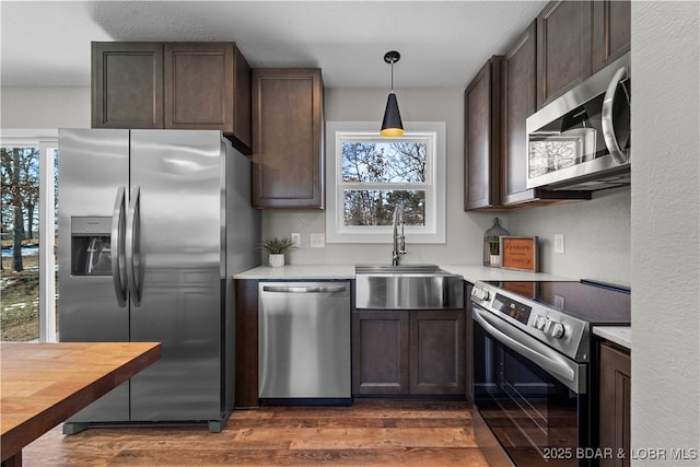 kitchen featuring stainless steel appliances, a sink, hanging light fixtures, light countertops, and dark brown cabinets