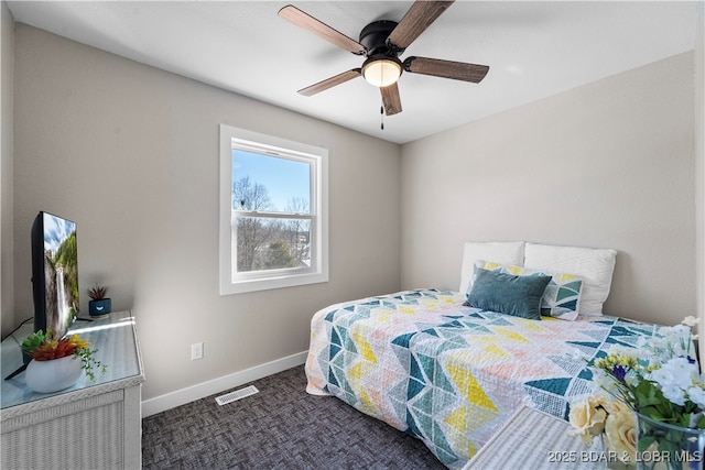 bedroom featuring baseboards, visible vents, dark colored carpet, and a ceiling fan