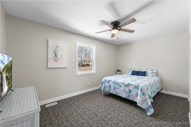 bedroom with a ceiling fan, dark carpet, visible vents, and baseboards