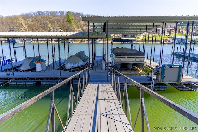 view of dock with a water view and boat lift