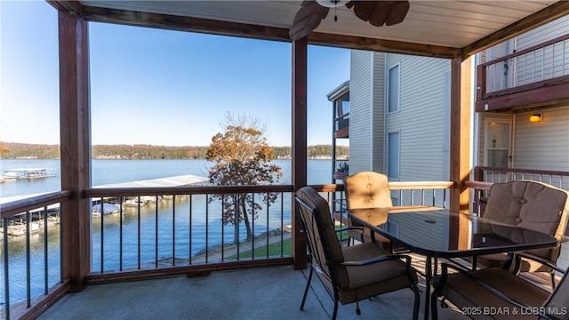 sunroom / solarium with a water view