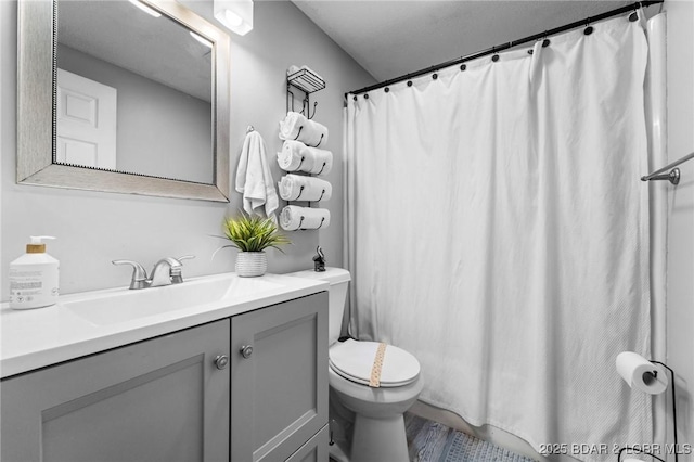 full bathroom with toilet, vanity, and a shower with curtain