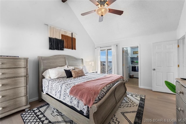 bedroom with light wood-style floors, vaulted ceiling, a textured ceiling, ceiling fan, and baseboards