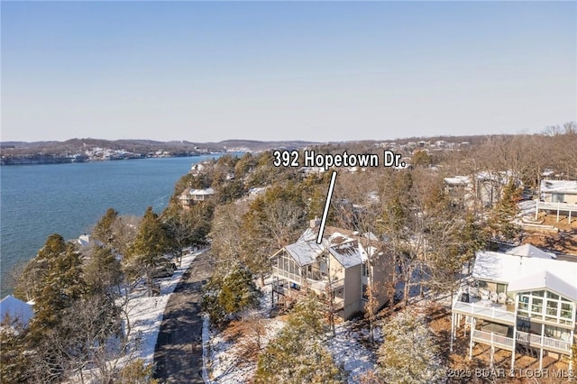 birds eye view of property featuring a water view