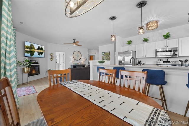 dining area with light wood-style floors, a glass covered fireplace, visible vents, and a ceiling fan