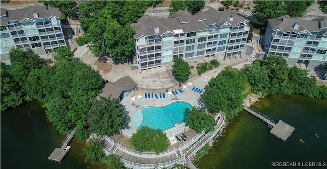 drone / aerial view featuring a water view