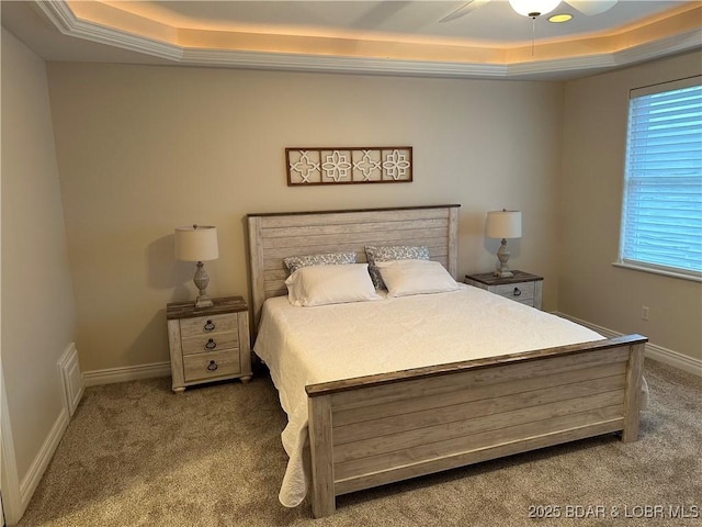 bedroom featuring carpet floors, a raised ceiling, and baseboards