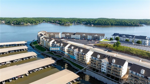 drone / aerial view featuring a water view and a forest view