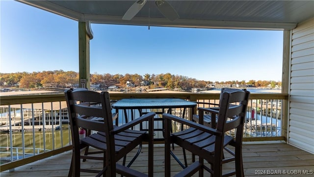 deck featuring a water view and a ceiling fan