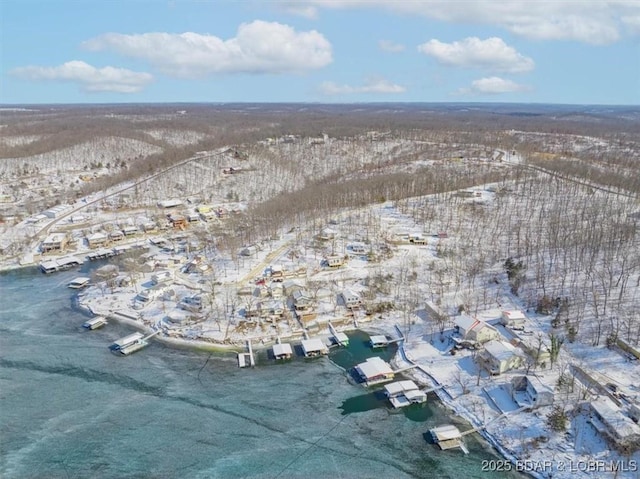 snowy aerial view featuring a water view