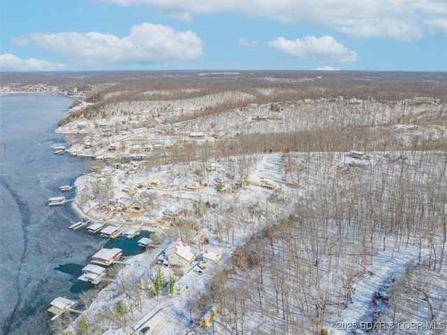 snowy aerial view featuring a water view