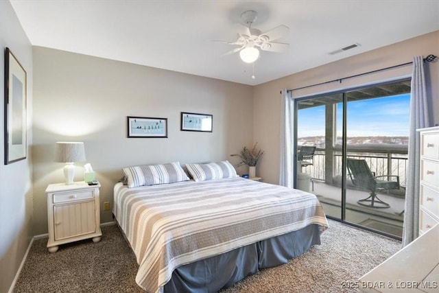 bedroom with access to exterior, visible vents, dark carpet, a ceiling fan, and baseboards