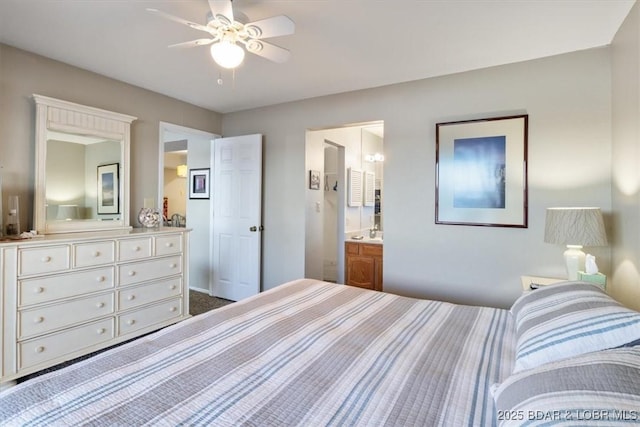 carpeted bedroom featuring ceiling fan and connected bathroom