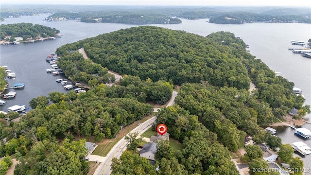 aerial view featuring a water view and a wooded view