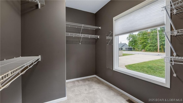 spacious closet with light colored carpet and visible vents