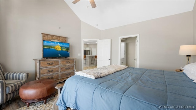 bedroom with a ceiling fan, high vaulted ceiling, and wood finished floors