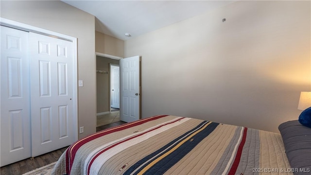 bedroom featuring dark wood-style floors, lofted ceiling, and a closet