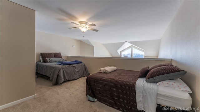 bedroom with a ceiling fan, lofted ceiling, light colored carpet, and baseboards